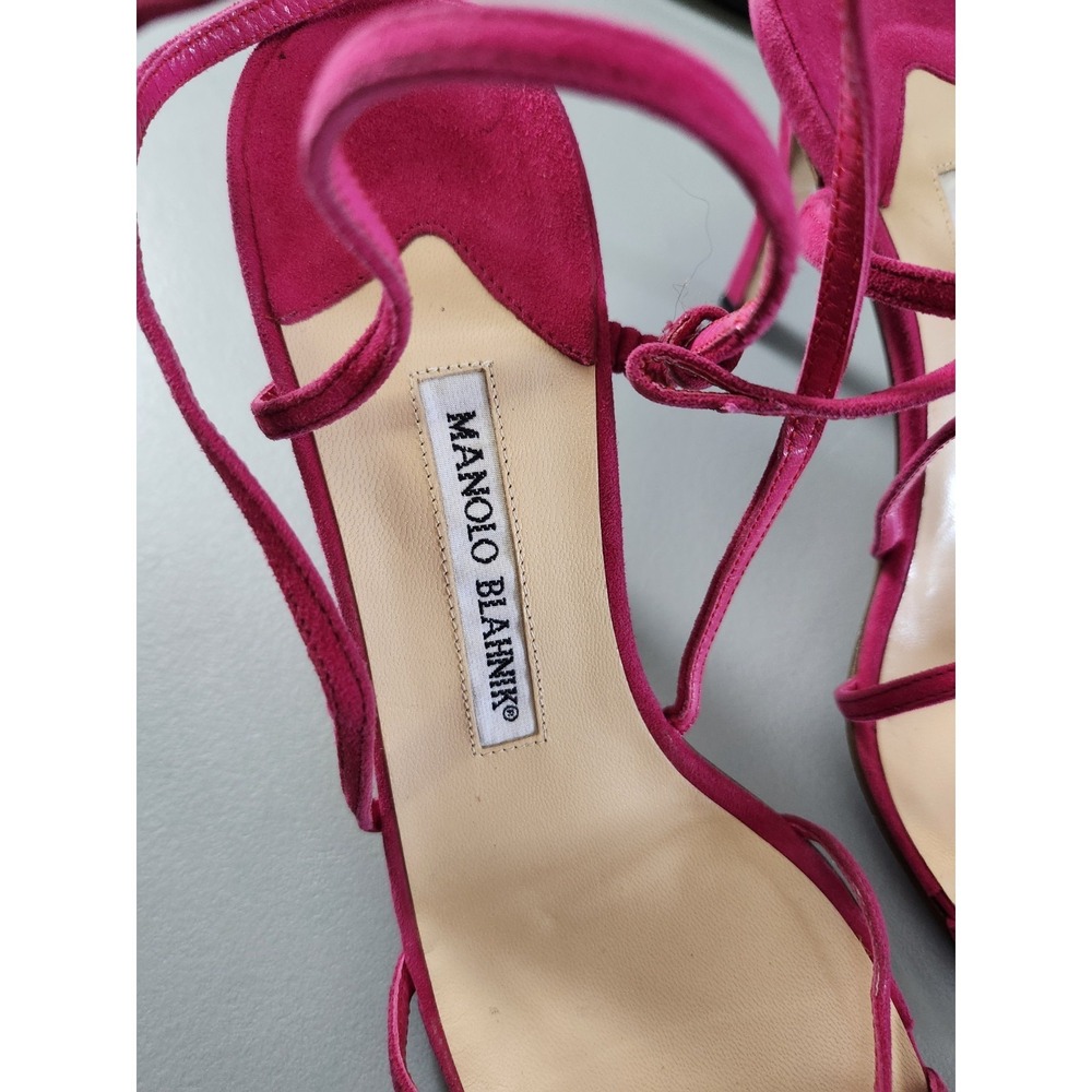 Manolo Blahnik Pink Suede Lace-Up Stiletto Sandals Strappy Wrap Heels Size 38/8 - Picture 2 of 8